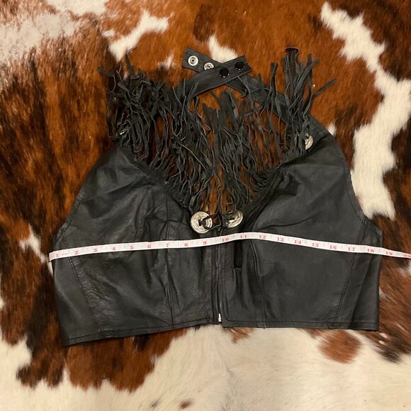 Vintage fringe Leather Fringed Halter Top Elastic Back Size XL Black - Picture 4 of 4